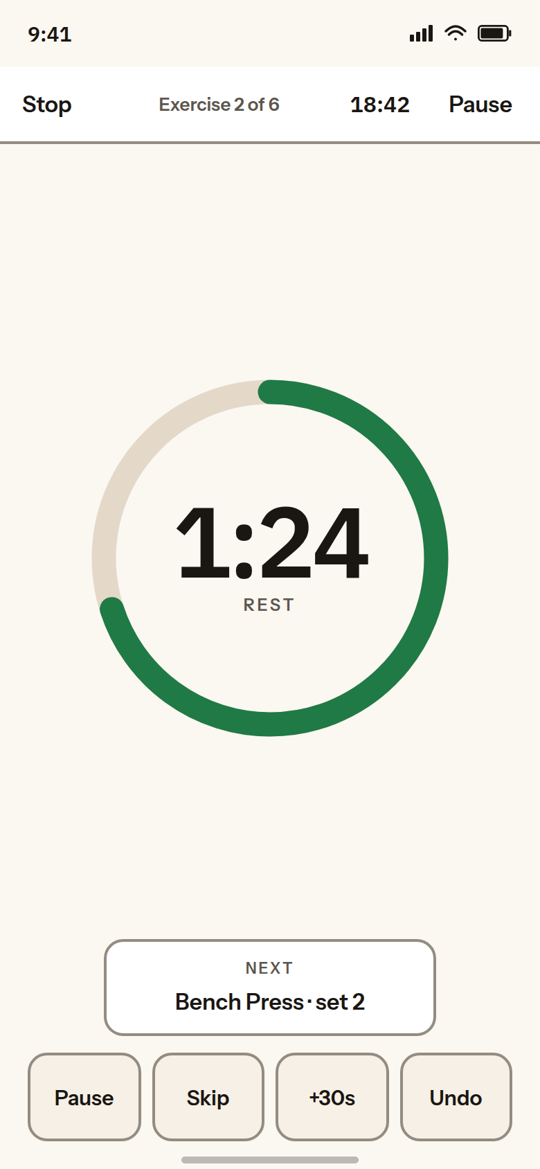 Rest. A 1:24 clock inside a green ring, next Bench Press set 2, and Pause, Skip, add 30 seconds, and Undo.